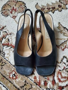 Calico Black Slingback Peep-Toe Block  Heels -womens Sz 6
